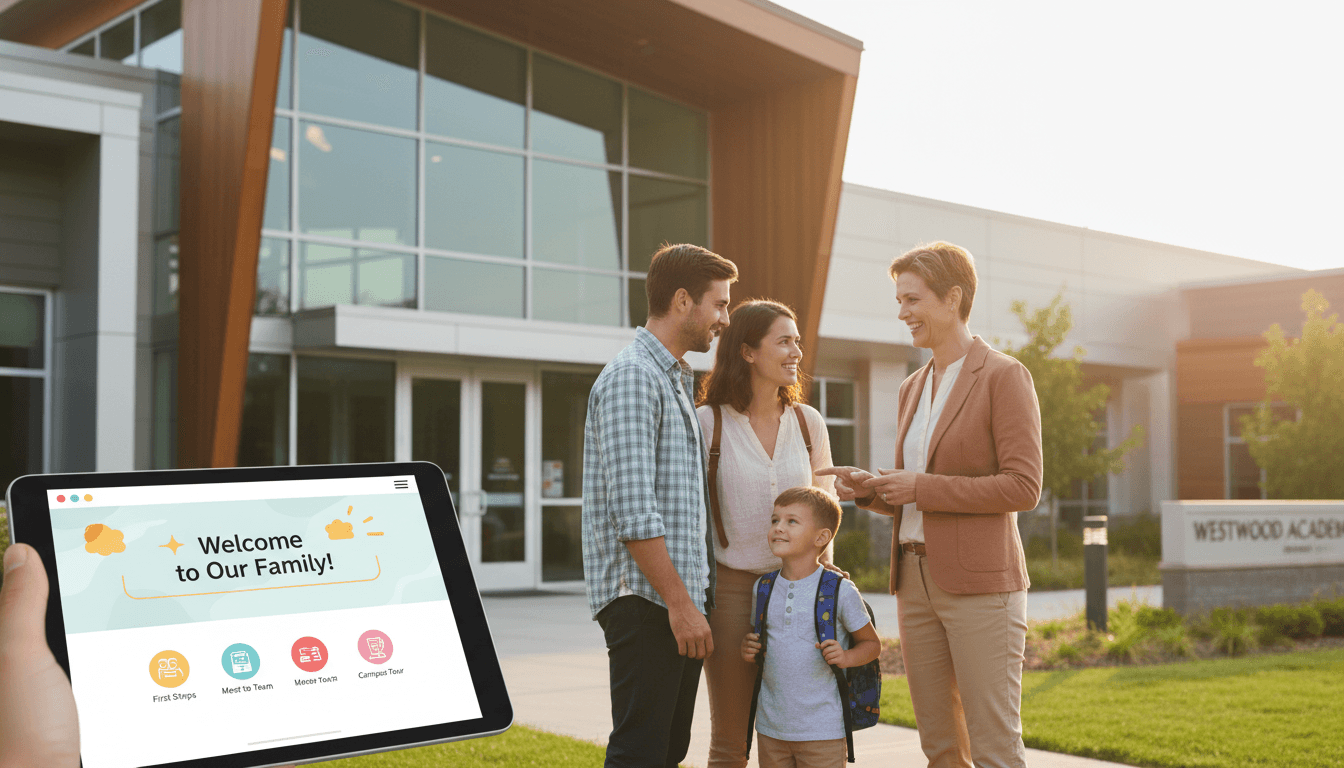 New school family receiving a welcome email series on a smartphone