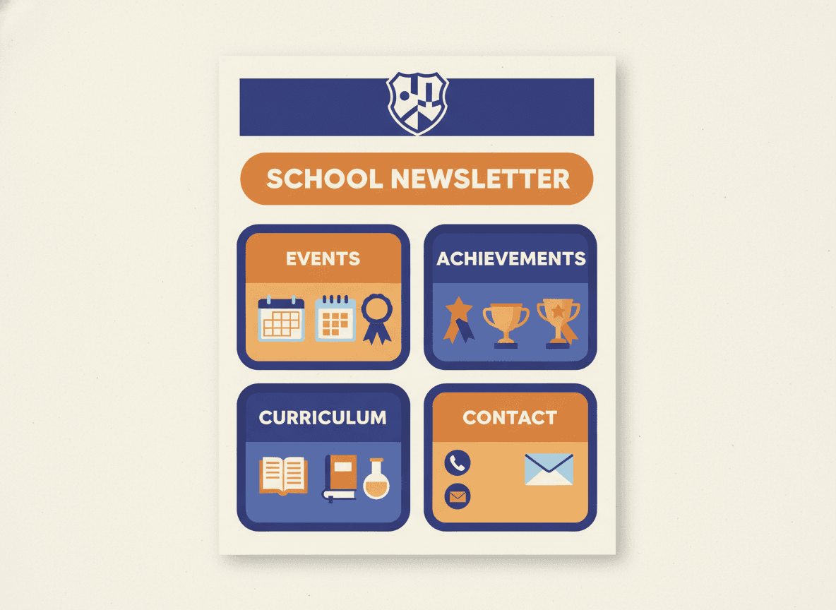 Annotated layout of a complete school newsletter with labeled sections