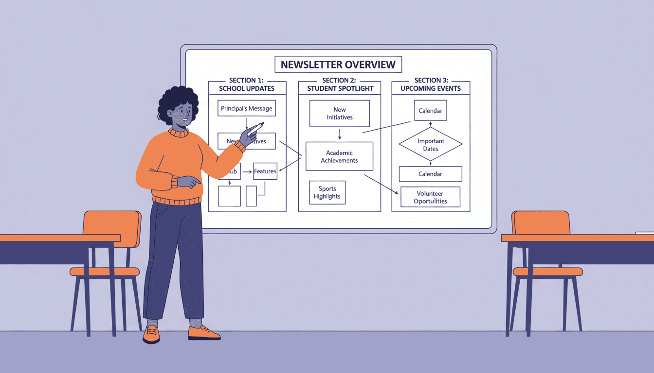 Teacher planning the sections of a school newsletter on paper