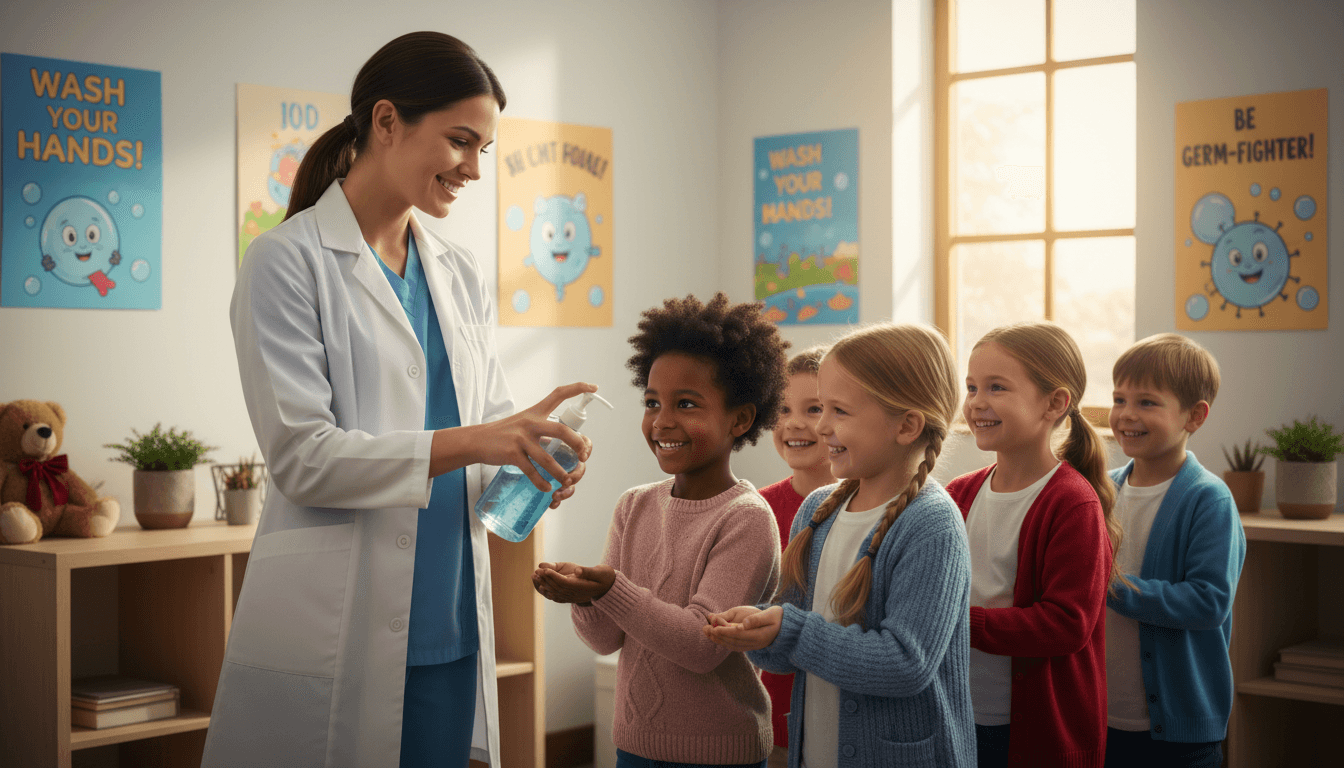 School nurse posting a hand-washing reminder near a classroom sink in early fall