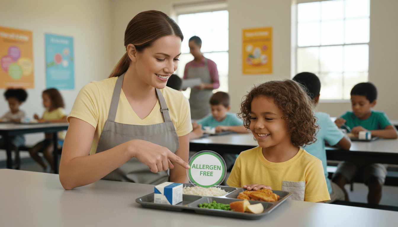 Teacher reviewing a nut-free classroom policy with parents at back-to-school night