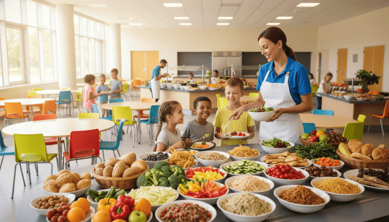Students selecting food in a bright school cafeteria with colorful fresh food options visible on the line