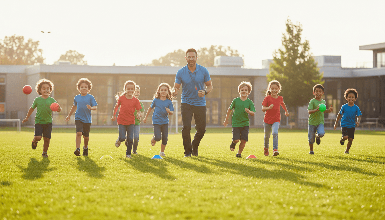 Elementary students running and playing during an active outdoor recess period on a sunny school day