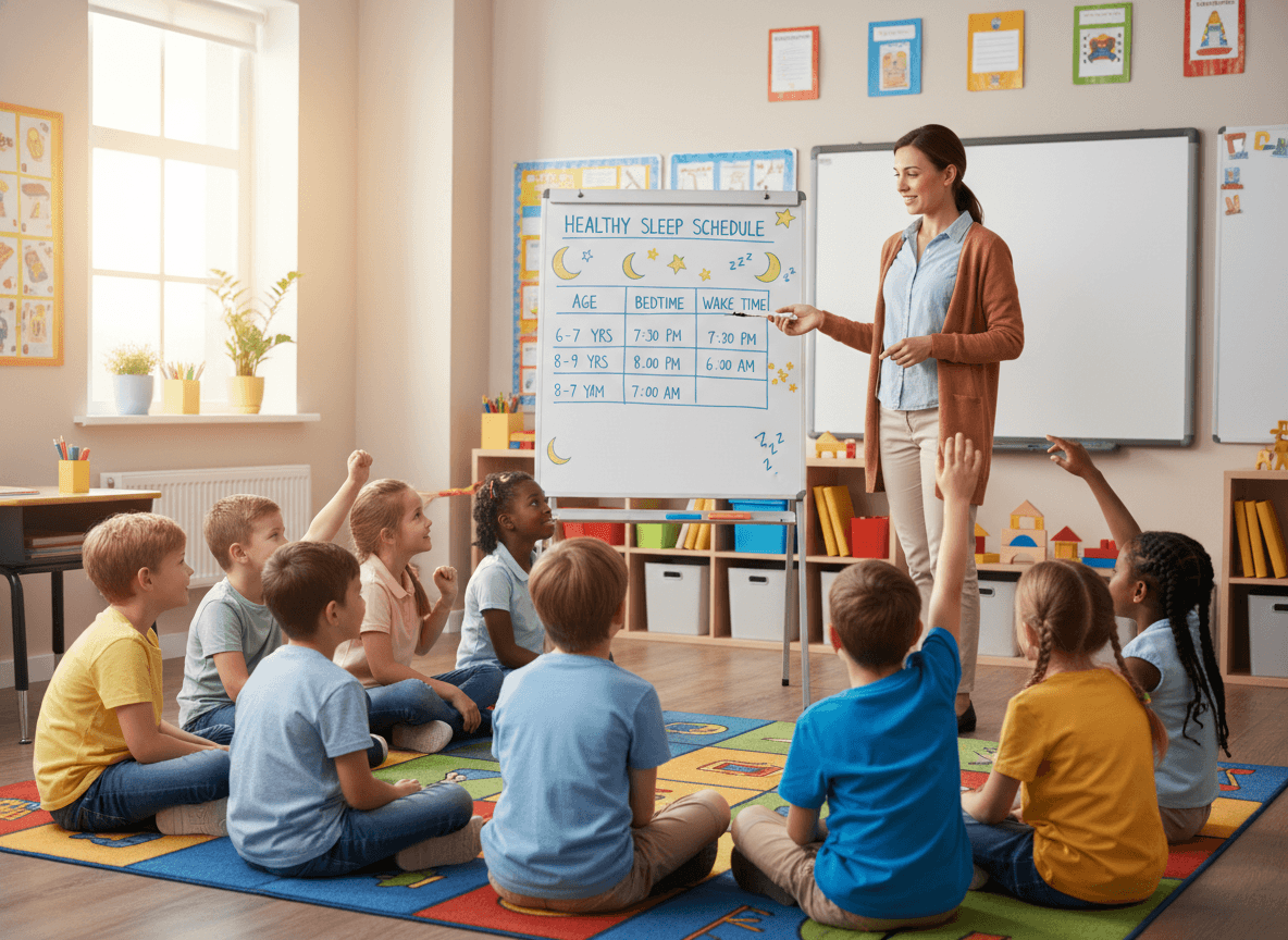 School newsletter sleep health section with age-appropriate bedtime guidelines and screen curfew suggestions for families