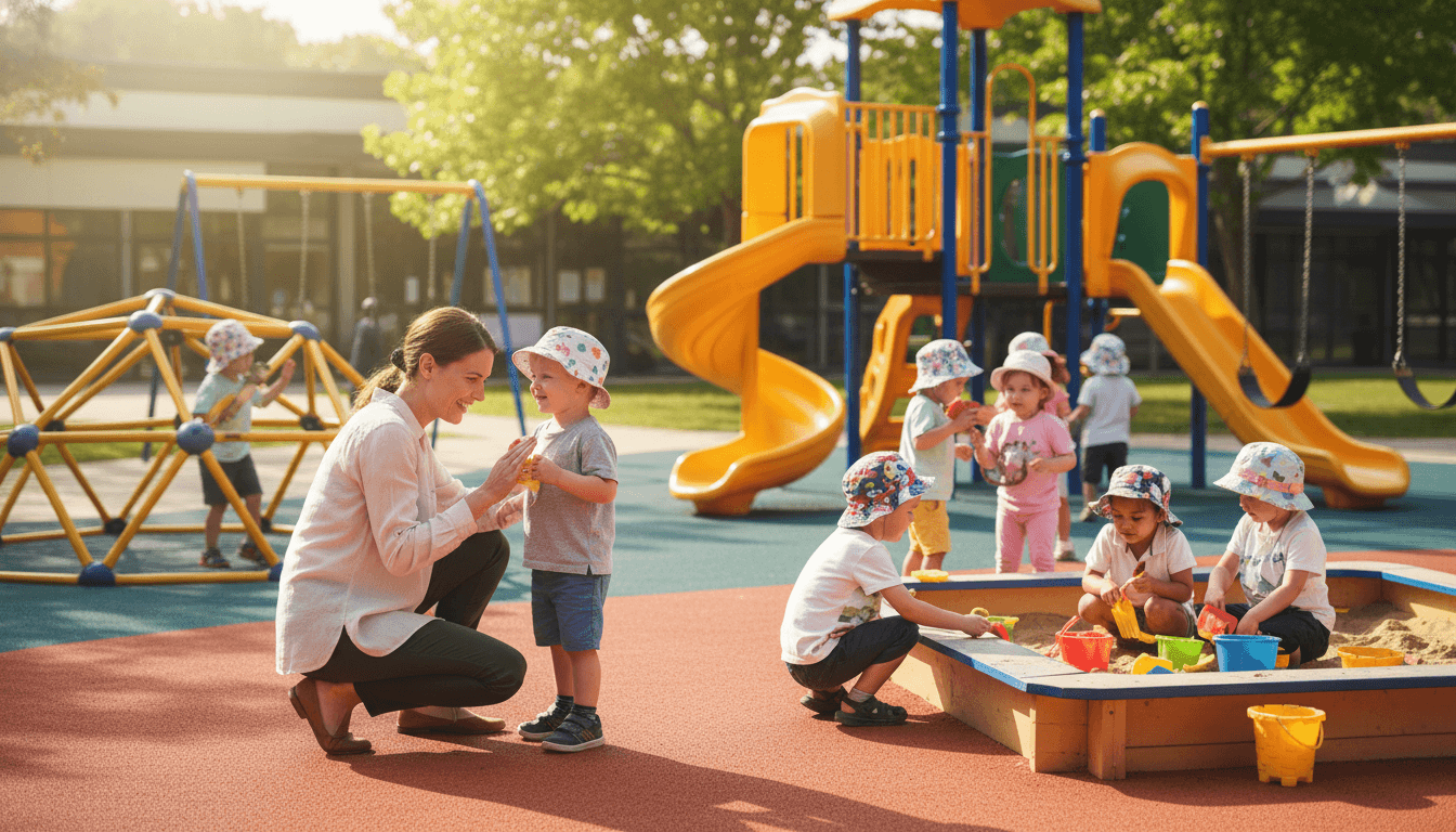 Elementary students wearing hats and applying sunscreen in a shaded outdoor area before recess