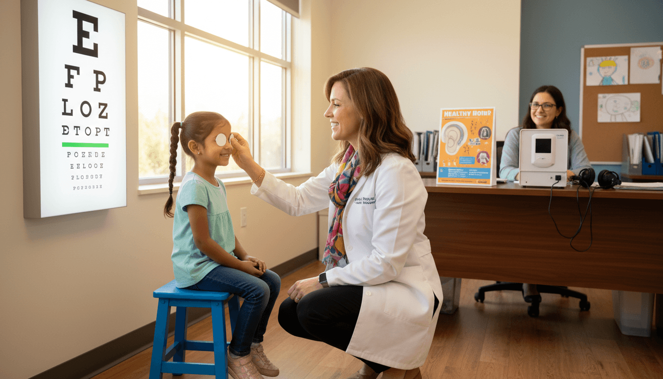 School nurse conducting a vision screening with an elementary student using a standard eye chart
