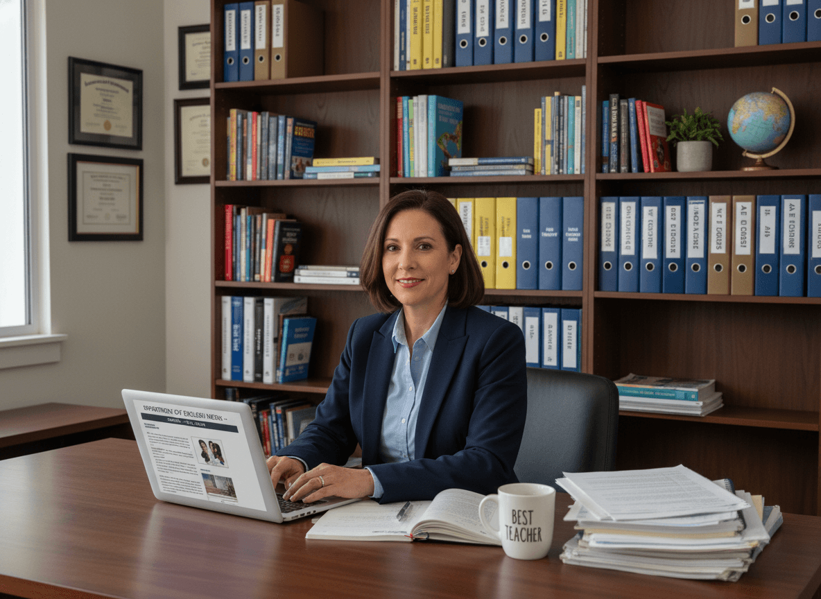 High school department chair at a desk writing an email newsletter on a laptop, stacked curriculum binders and subject textbooks visible on shelves behind