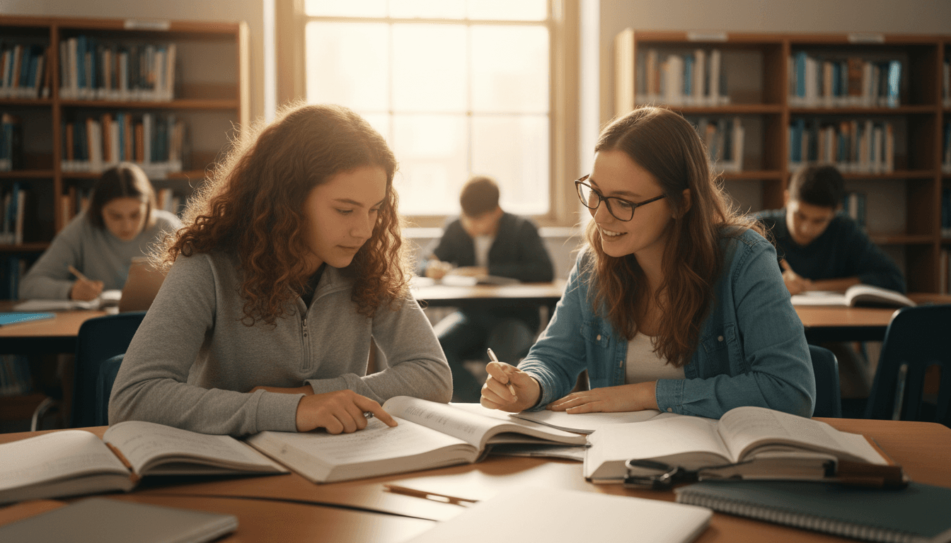 High school student working one-on-one with a tutor at a bright study table, both engaged over a textbook and notes