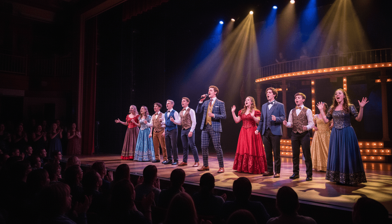 High school students rehearsing on a stage with dramatic lighting, a mix of choir, band, and theater students visible in the background