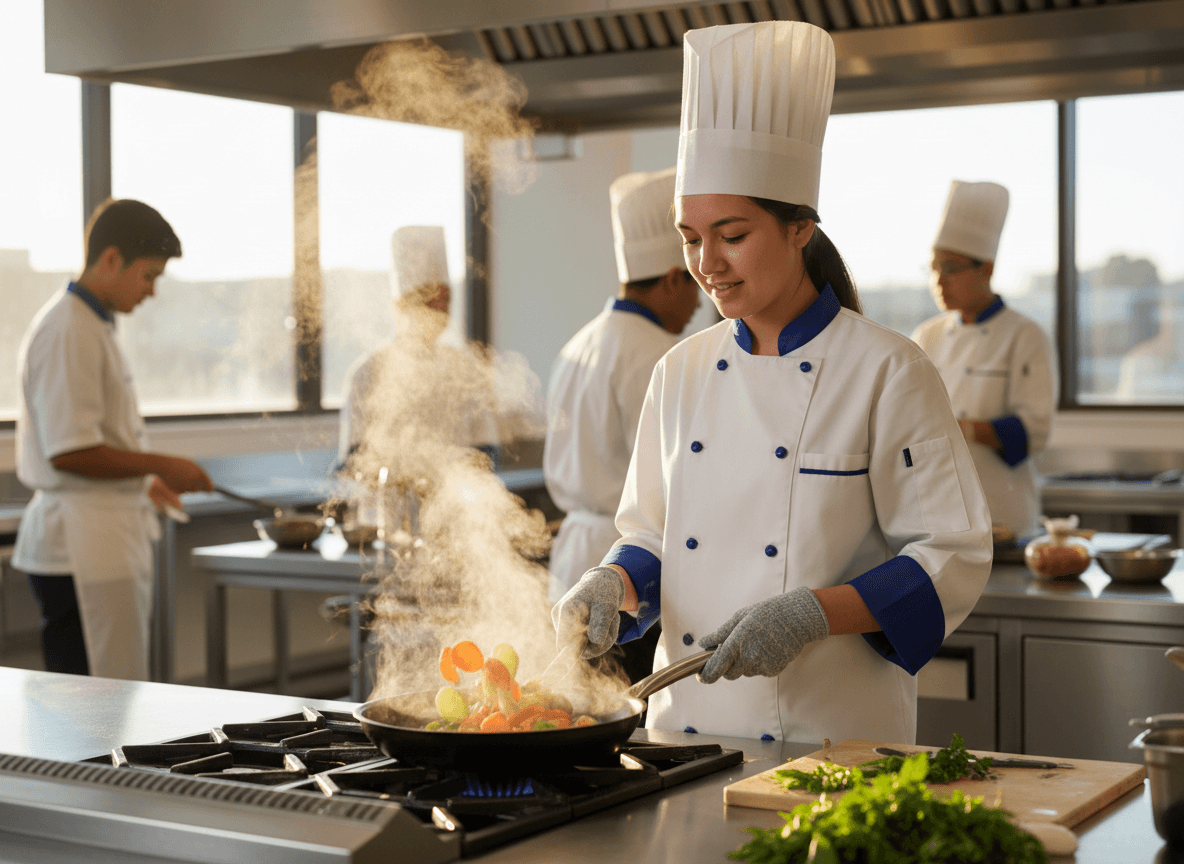 CTE coordinator speaking with a student about program pathways, certification posters and career cluster graphics visible on the wall