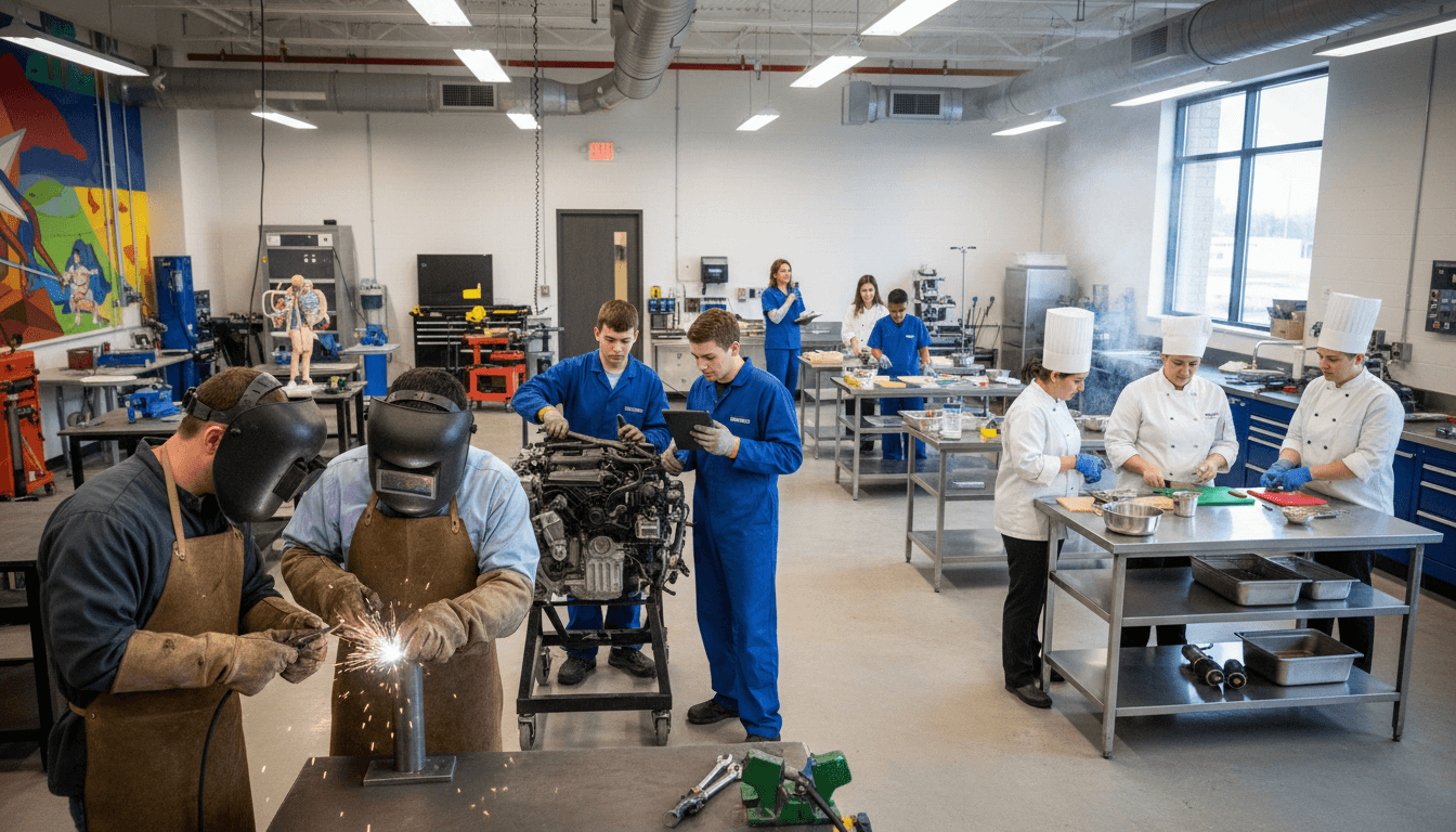 High school CTE students in a modern culinary lab, working alongside professional-grade equipment with an instructor supervising
