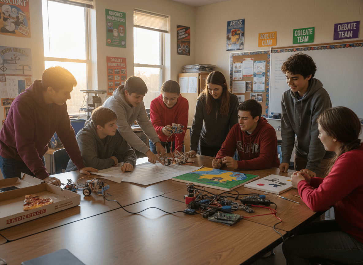 Students gathered around a table in an after-school club meeting, working on a project together with materials spread out around them