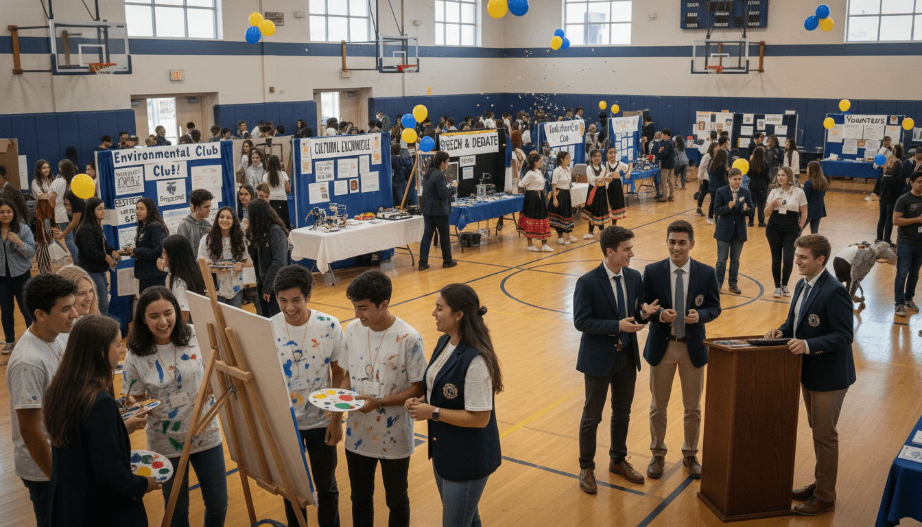High school students at a club fair with colorful tables and banners, students engaging enthusiastically with various activity groups