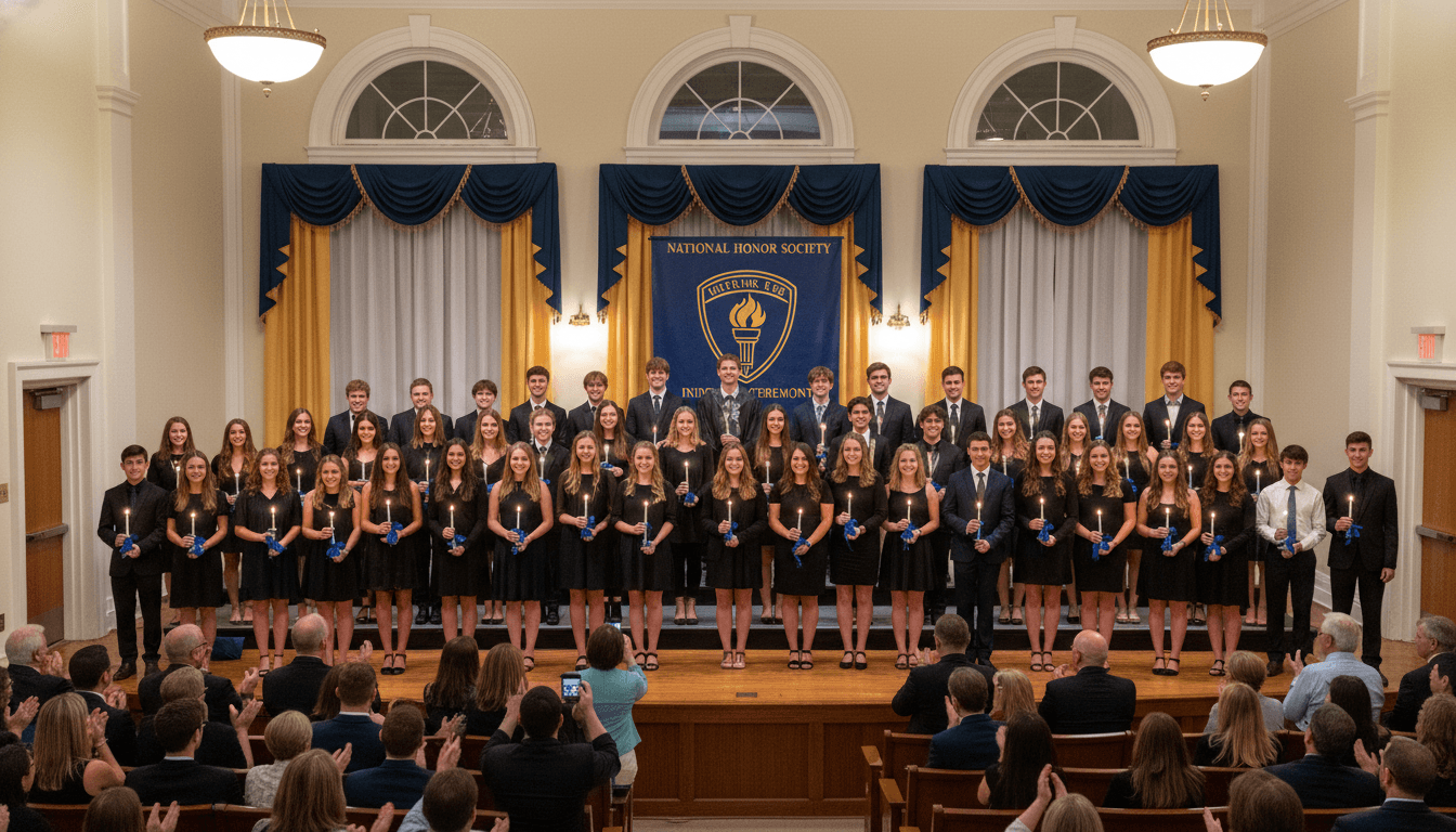 High school National Honor Society members in a formal induction ceremony, wearing honor cords and holding candles in a school auditorium