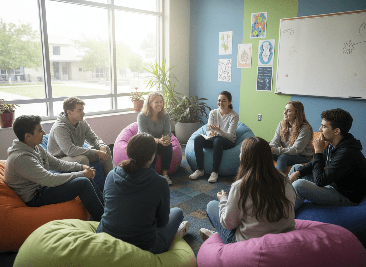High school counselor writing a newsletter at a desk, mental health awareness posters visible on the wall behind them
