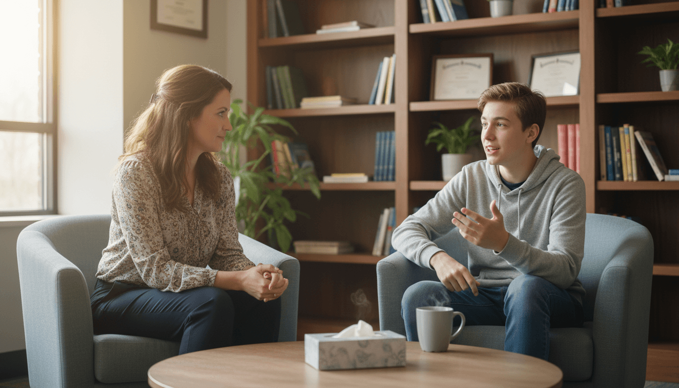 High school counselor speaking warmly with a student in a bright, welcoming counseling office with plants and natural light