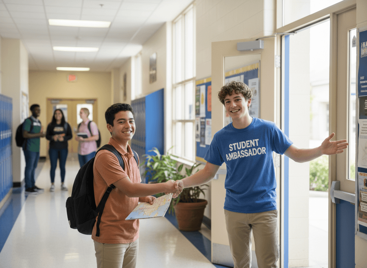 High school counselor welcoming a new student and their parent in the school office, paperwork on the desk and a warm, professional atmosphere