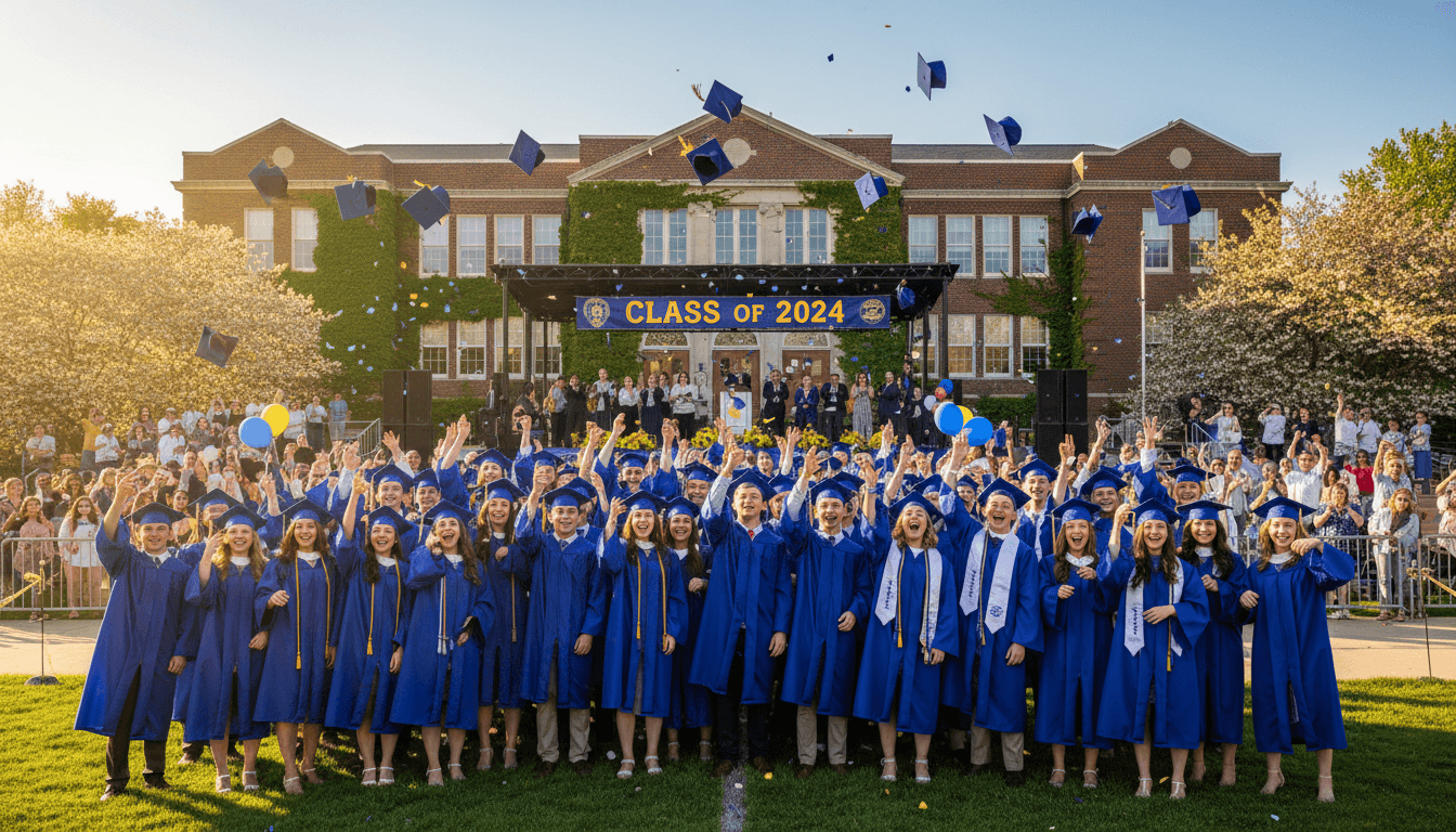 High school seniors in graduation caps and gowns celebrating on a sunny day outside the school, smiling and holding diplomas