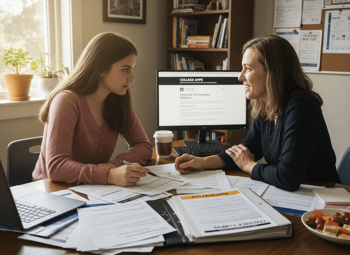 School counselor explaining financial aid forms to a family at a conference table in a counseling office, papers and brochures on the table