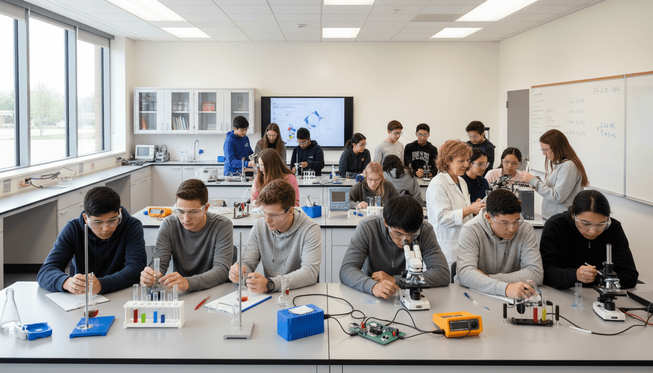 High school students building a robotics project in a well-equipped STEM lab, engaged and collaborative, tools and components visible on the workbench