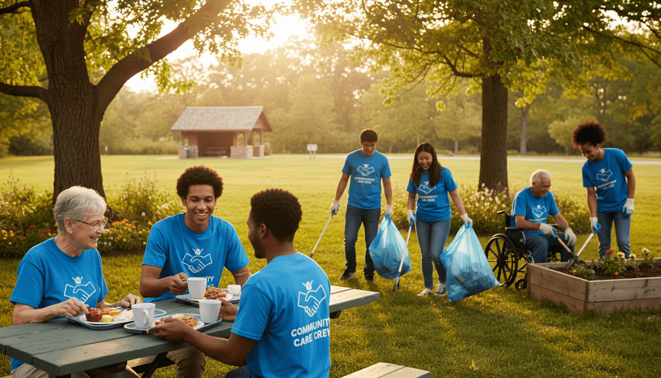 High school students volunteering at a community garden, working together with shovels and plants in an outdoor setting