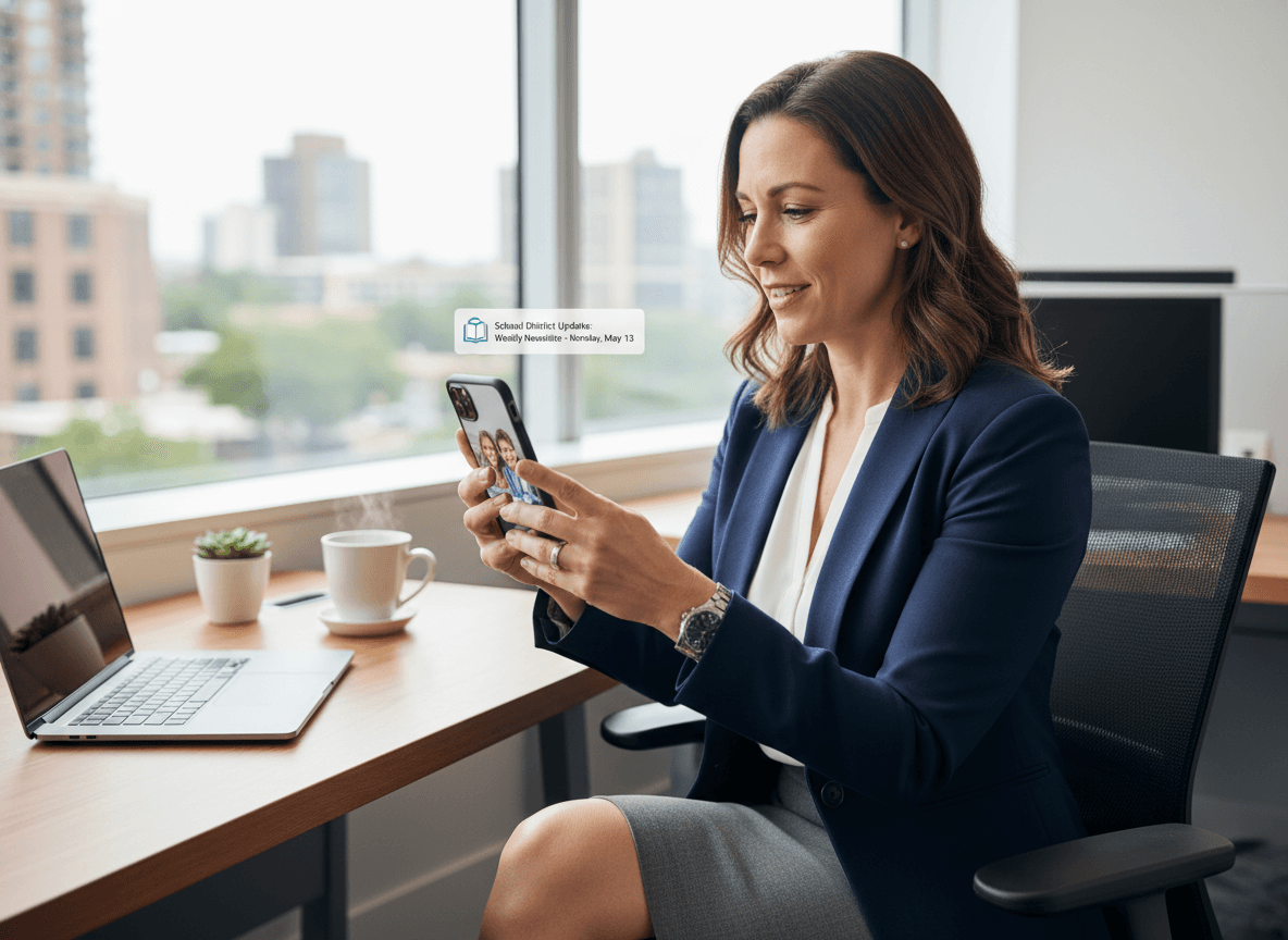 High school parent checking their phone at work showing a school newsletter notification, professional office background, engaged and attentive expression