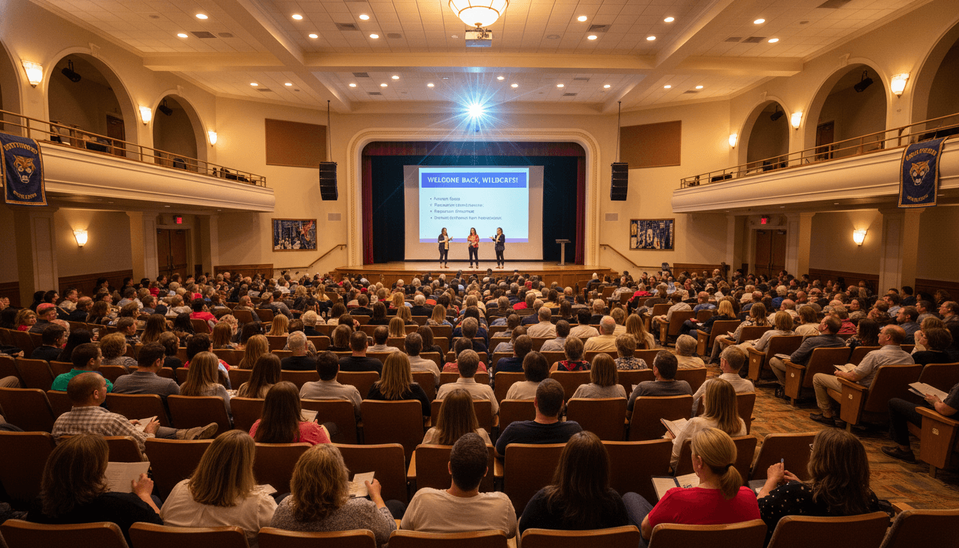 High school back-to-school night with parents filling an auditorium, teachers presenting at the front, engaged community atmosphere, warm evening lighting