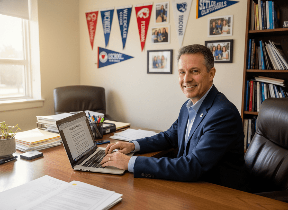 High school principal at a desk writing a newsletter on a laptop, school pennants and student achievement photos on the office wall behind them