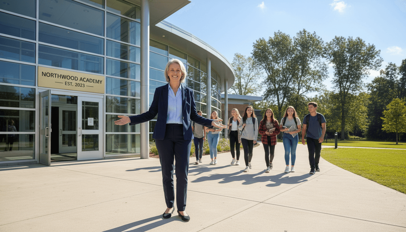 High school principal standing confidently at the entrance of a modern high school building, welcoming students arriving in the morning, professional and approachable