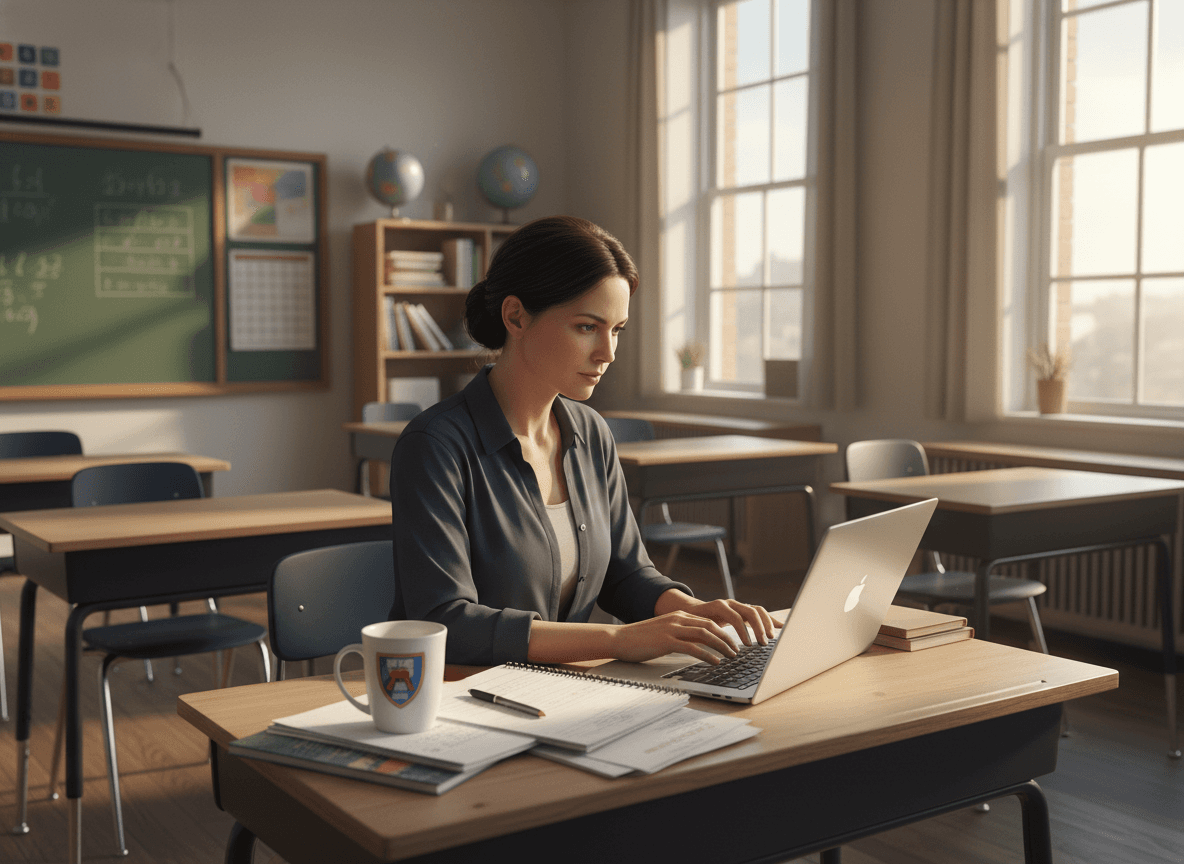 High school teacher typing an email on a laptop in a quiet classroom after school hours, cup of coffee nearby, papers stacked to the side, warm end-of-day light