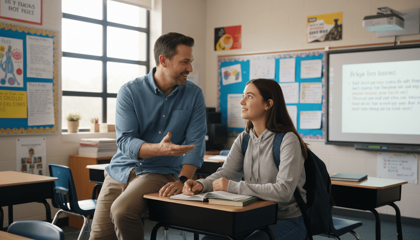 High school teacher having a one-on-one conversation with a student near their desk after class, engaged and supportive interaction, bright modern classroom