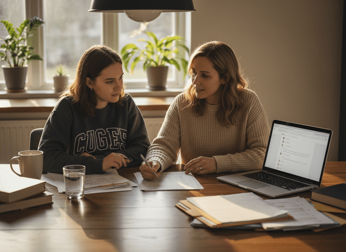 Parent and high school senior looking at a graduation requirements checklist together at the kitchen table, organized paperwork, focused planning conversation