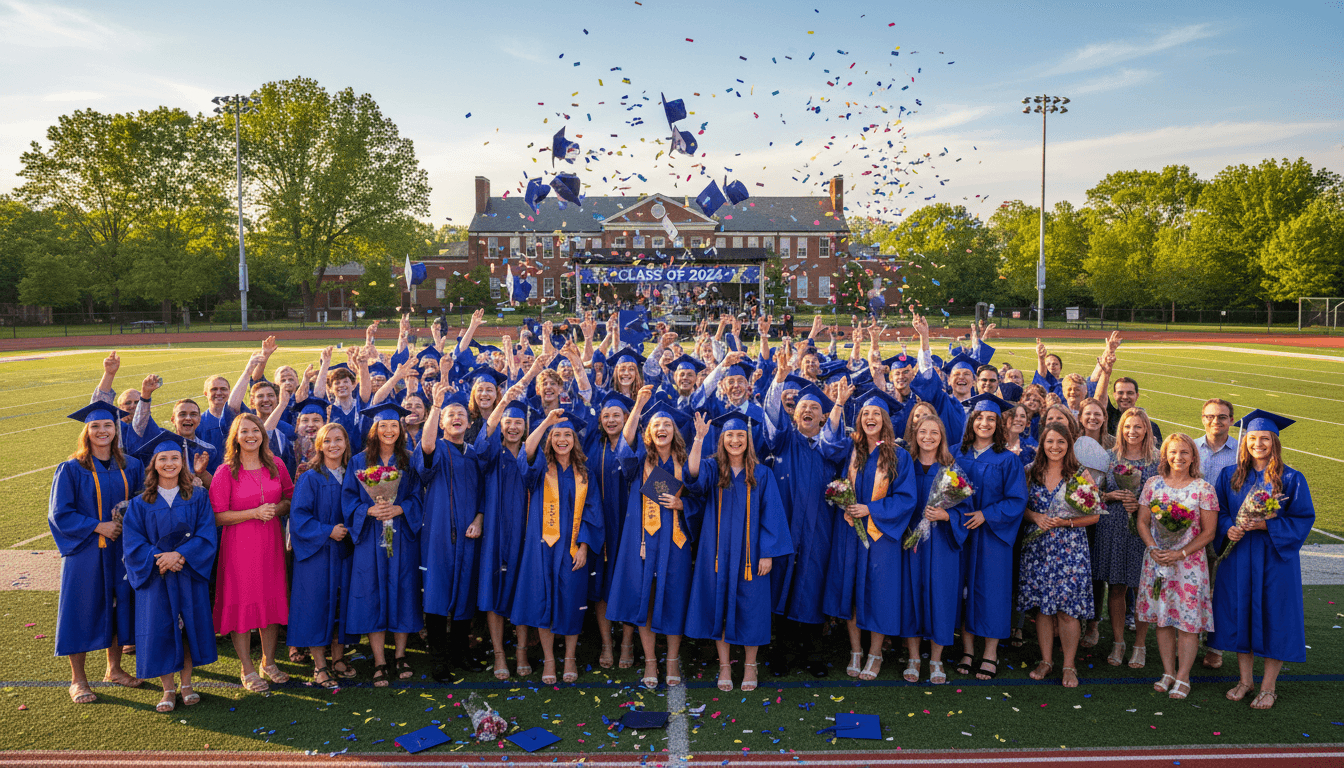 High school seniors in graduation caps and gowns celebrating with families on a sunny graduation day, joyful and emotional ceremony, outdoor ceremony setting