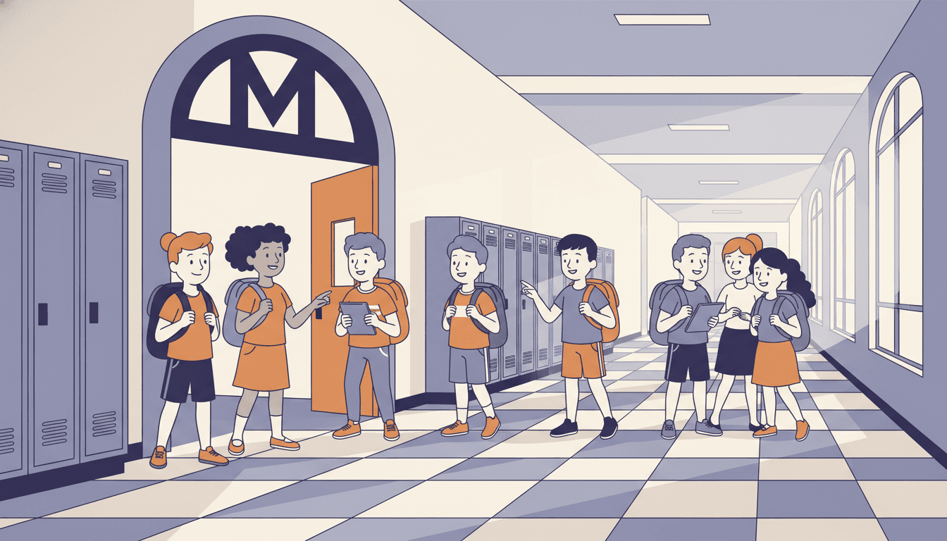 Middle school hallway with lockers and students walking on the first day of school