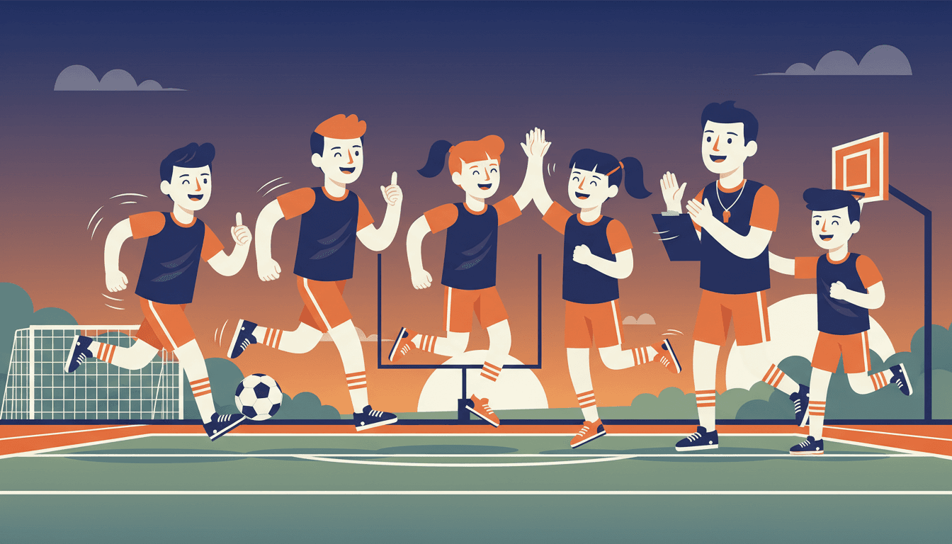 Middle school athletes on a soccer field during practice, coach with a clipboard in the foreground