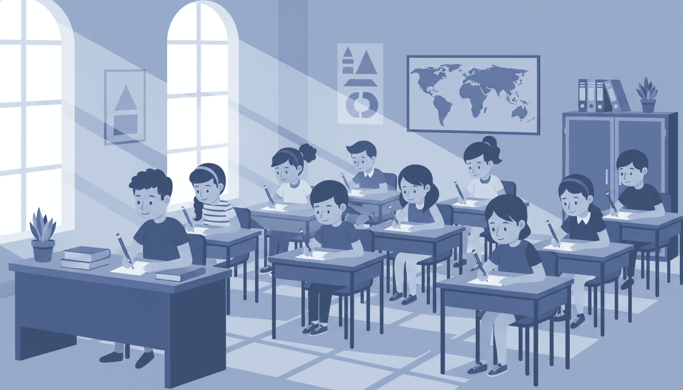 Middle school students taking a standardized test in a classroom, pencils on desks
