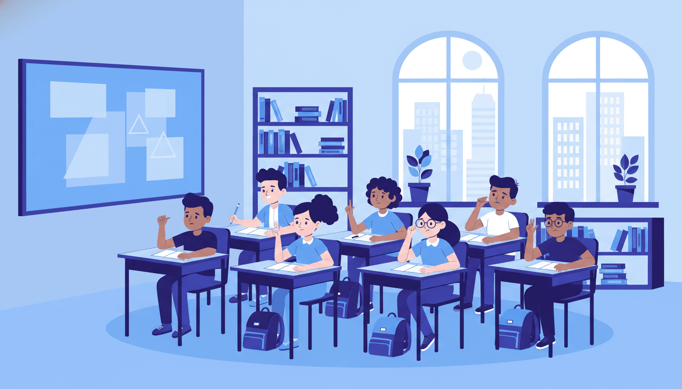 Sixth grade classroom with students at desks, colorful posters on the walls, teacher at the front