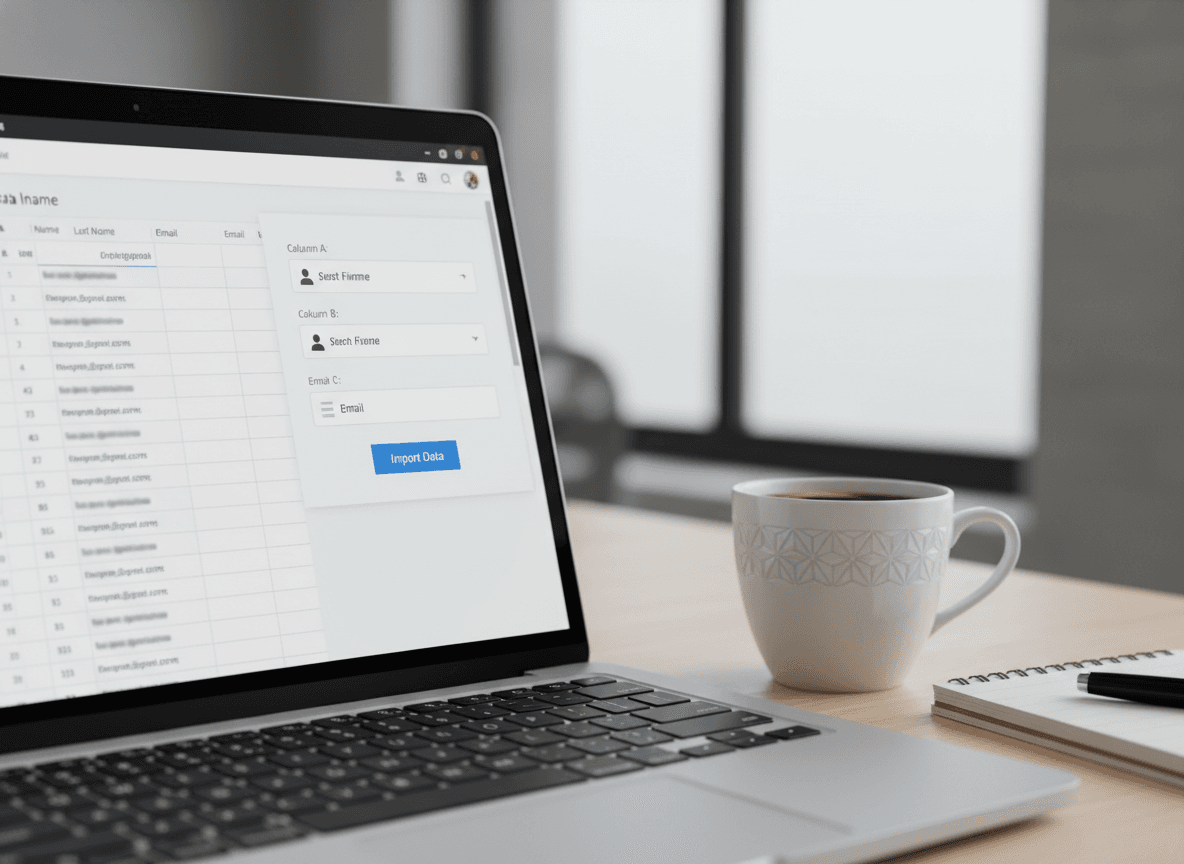 Laptop screen showing a spreadsheet of parent contacts being imported into a newsletter tool, coffee cup beside the keyboard
