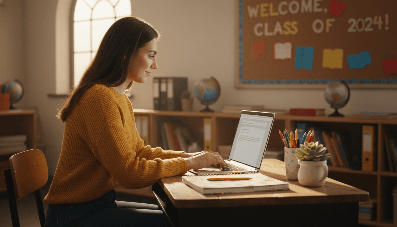 First-year teacher sitting at a classroom desk writing an email, school supplies and a welcome banner visible in the background