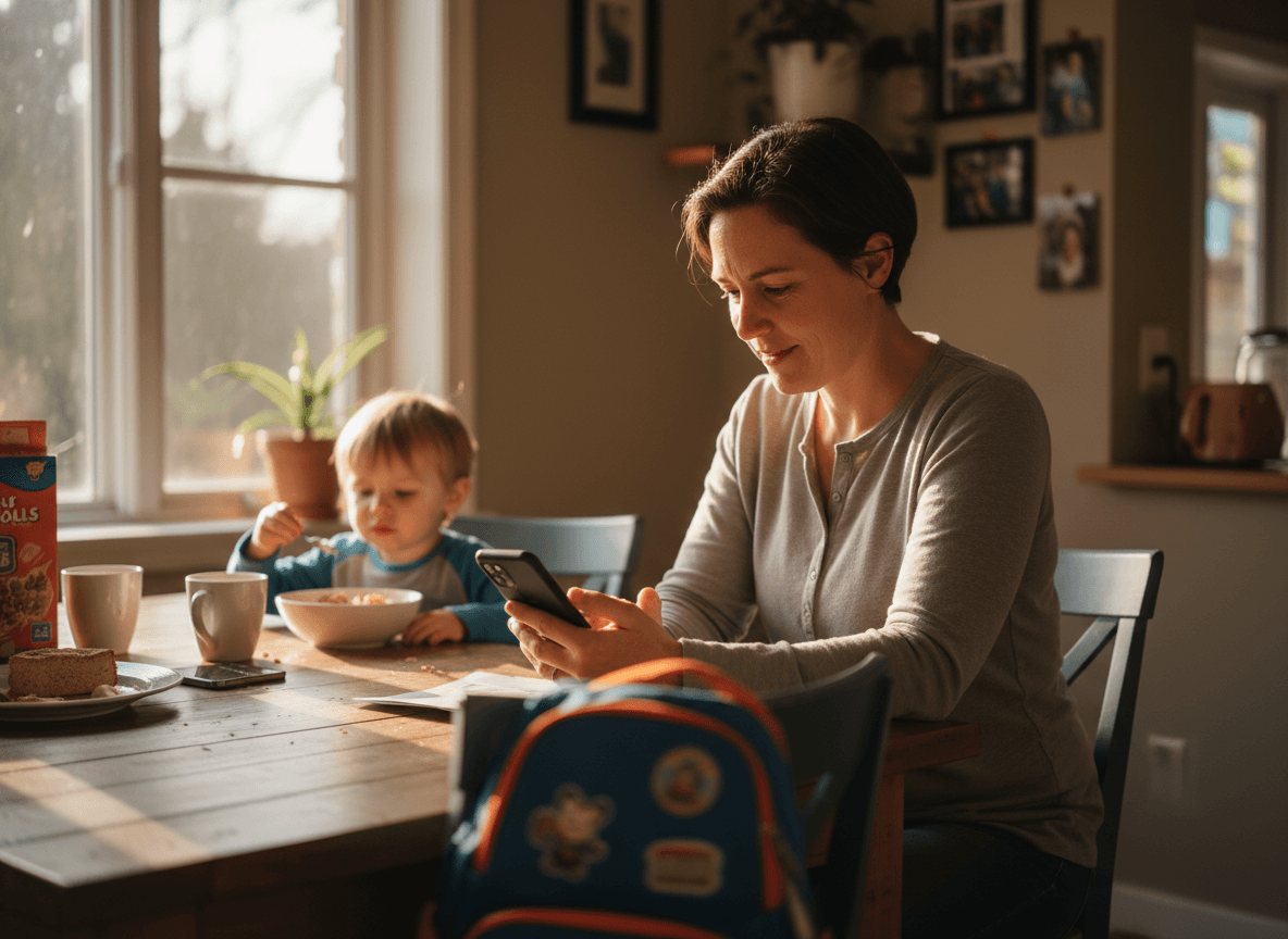 Parent reading a school newsletter on a phone while a child eats breakfast in the background
