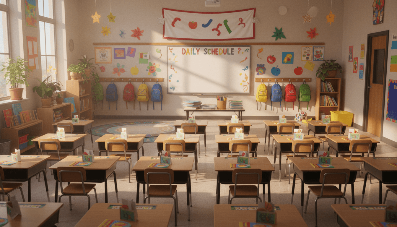 Elementary classroom with colorful welcome decorations, backpacks on hooks, and a first day schedule written on the whiteboard