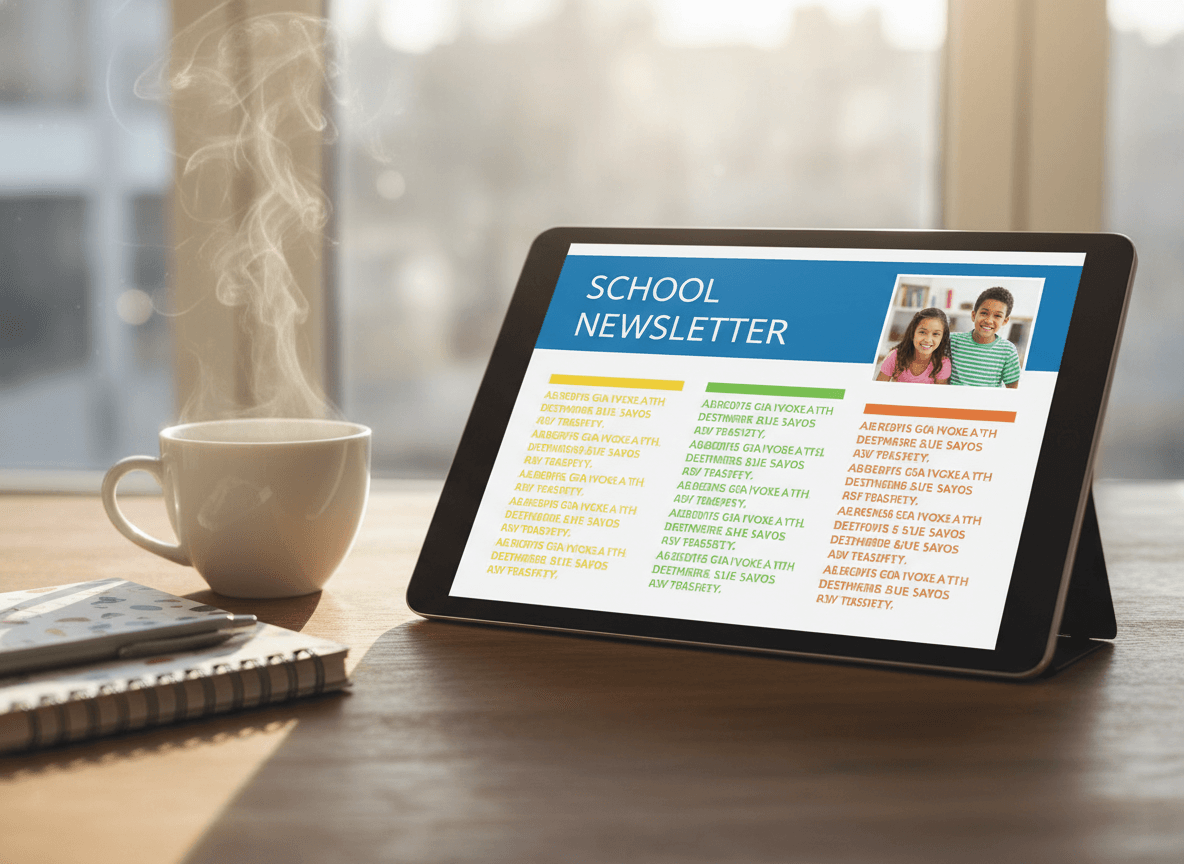Clean modern school newsletter layout on a tablet screen, sitting next to a coffee and a teacher's lesson plan binder