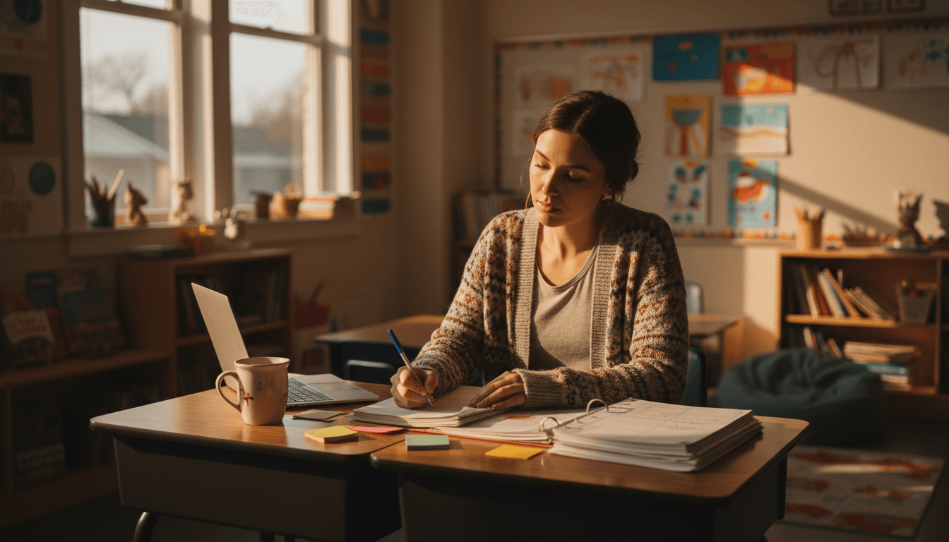First-year teacher at a desk late afternoon reviewing newsletter drafts with coffee cup, window showing an empty school hallway