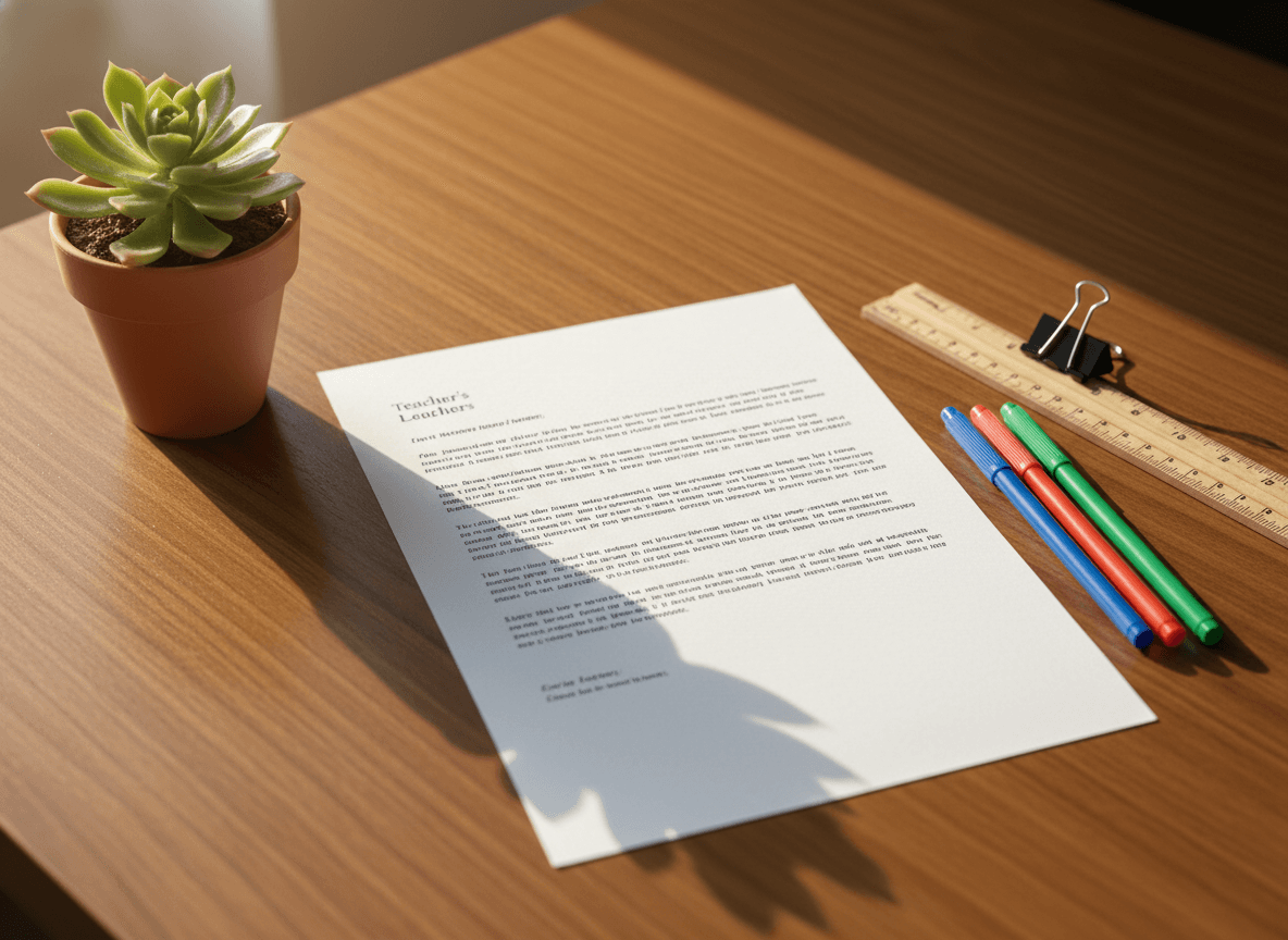 Printed teacher introduction letter on a desk next to a potted plant and school supplies, warm lighting