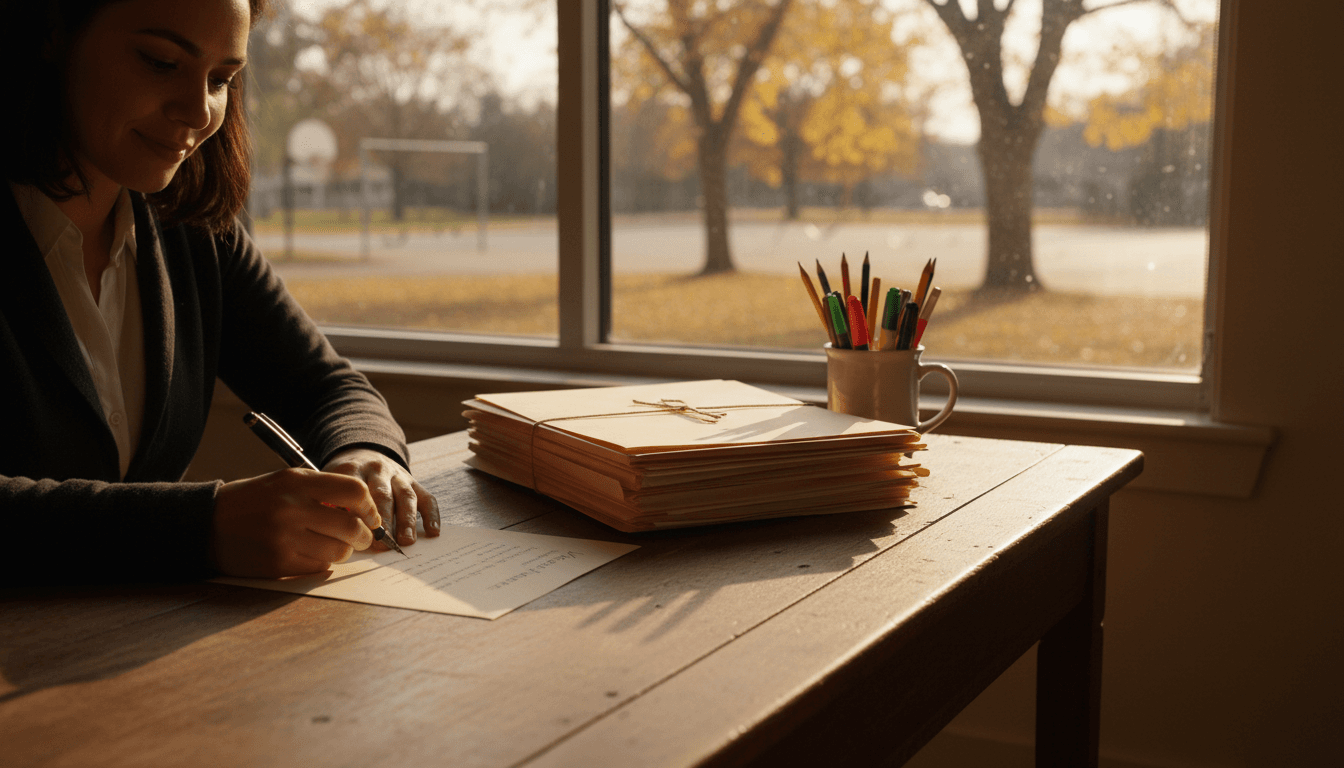 Teacher sitting at a desk near a window, handwriting a welcome letter, with a stack of parent folders nearby