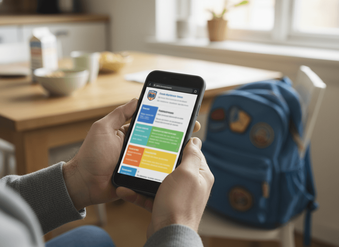 Close-up of a smartphone showing a teacher introduction email in Gmail, next to school supplies on a desk