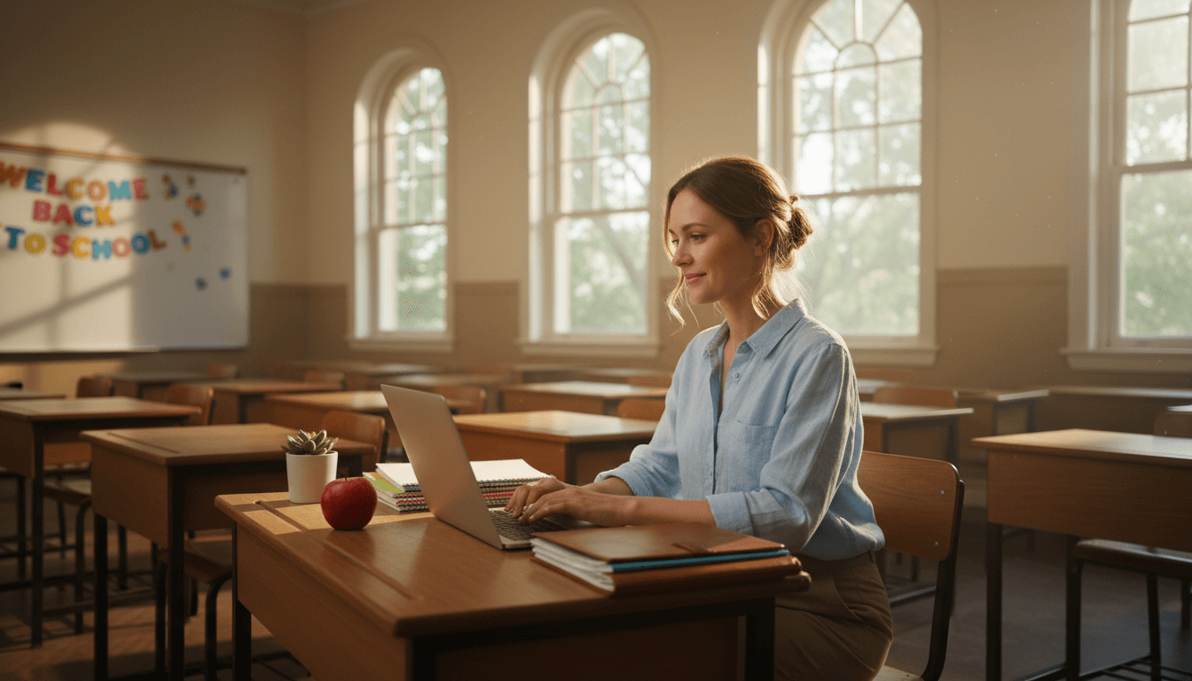 New teacher writing an email on a laptop in a summer classroom, sunlight coming through windows with a 'Welcome Back' banner on the wall