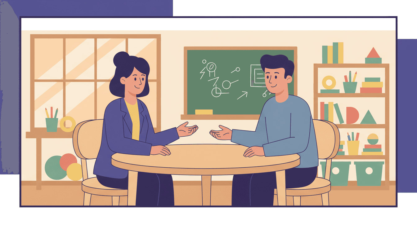 New teacher sitting with a parent at a table reviewing behavior notes and a student's progress chart