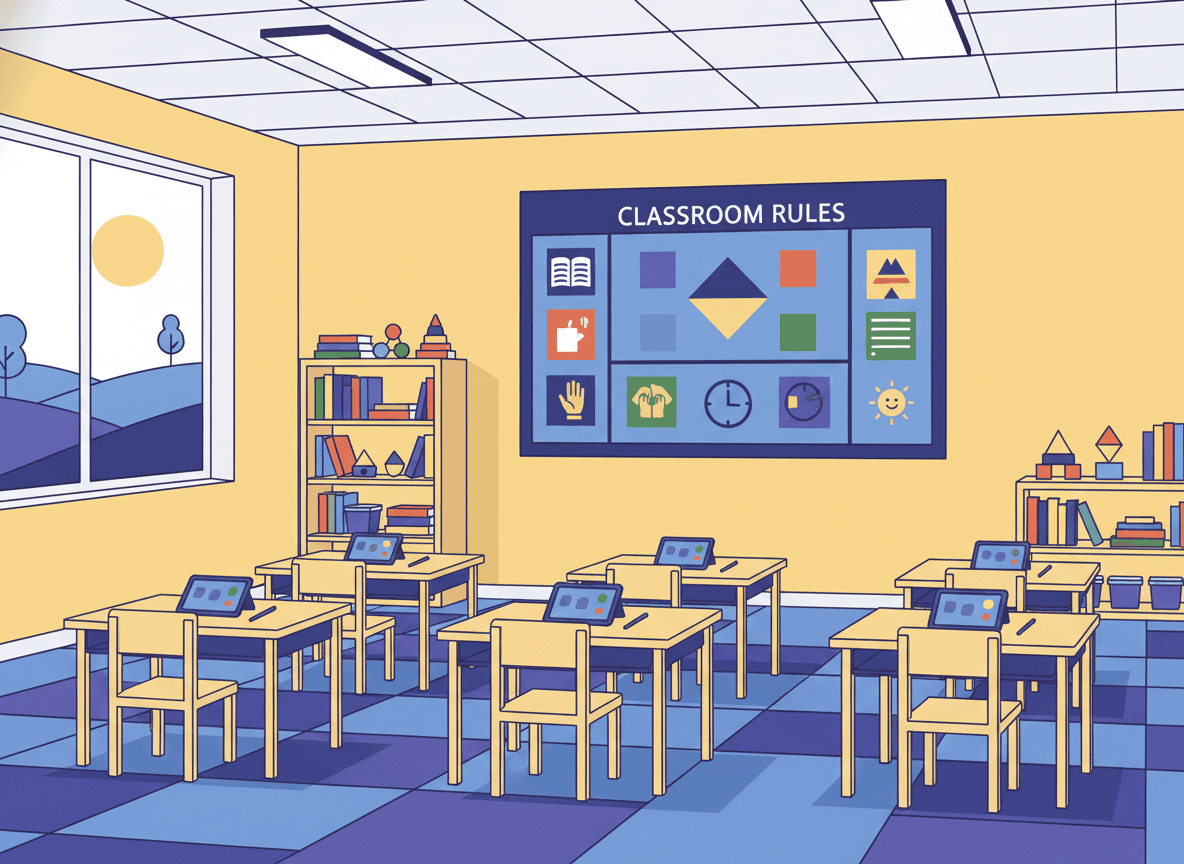 Teacher writing a classroom expectations newsletter with a list of classroom norms visible on a whiteboard in the background