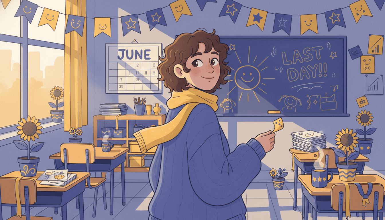 Teacher writing a final-week newsletter at a desk covered with student artwork and end-of-year materials